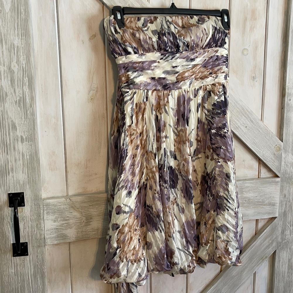 BCBG Maxazria belted purple floral flounce dress